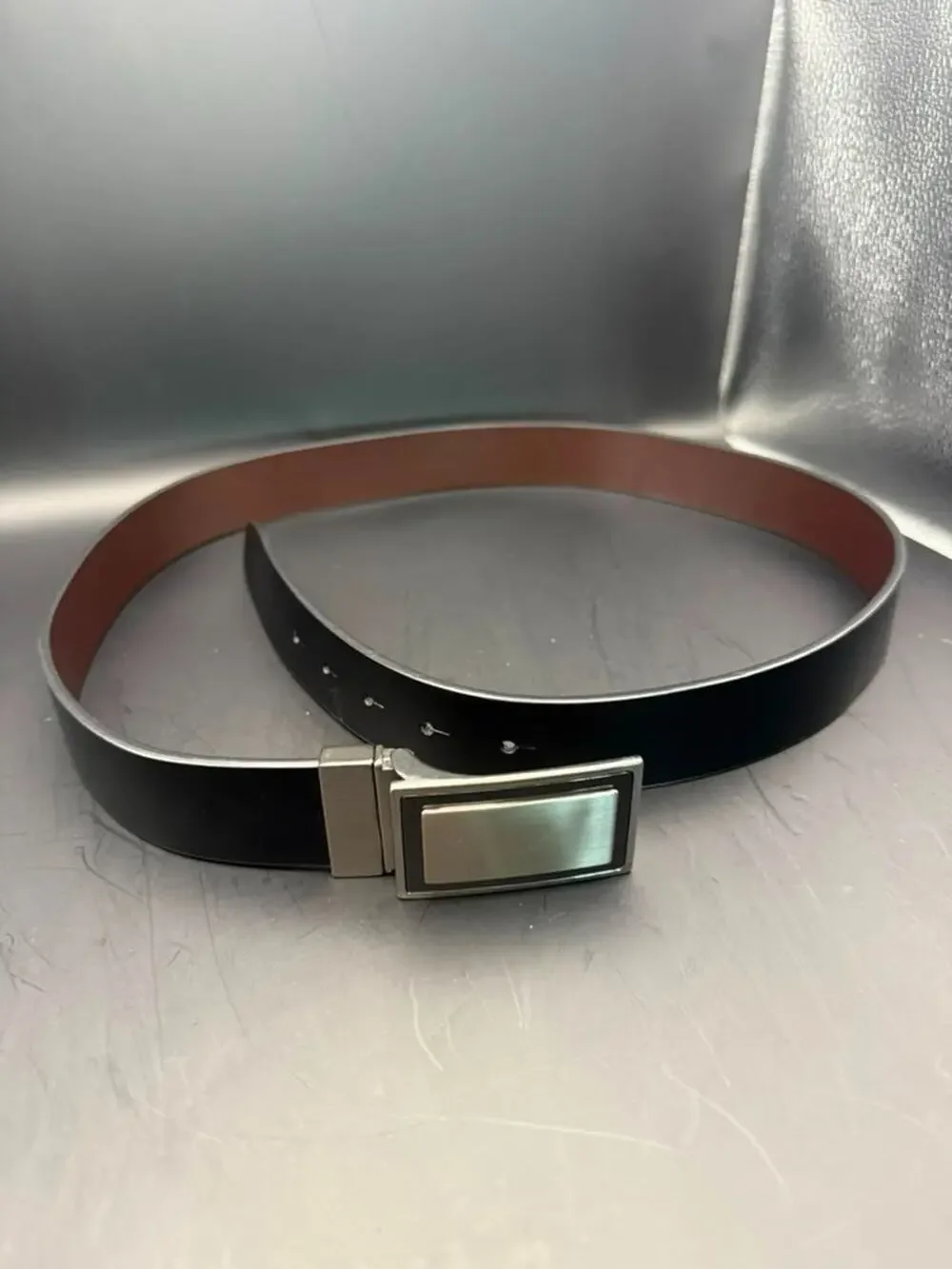 Men's Genuine Leather Reversible Belt Black Brown Plaque Buckle Size 38/95